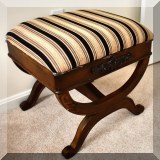 F42. Vanity stool with tan and black striped upholstery. 20”h x 21”w x 18”d 